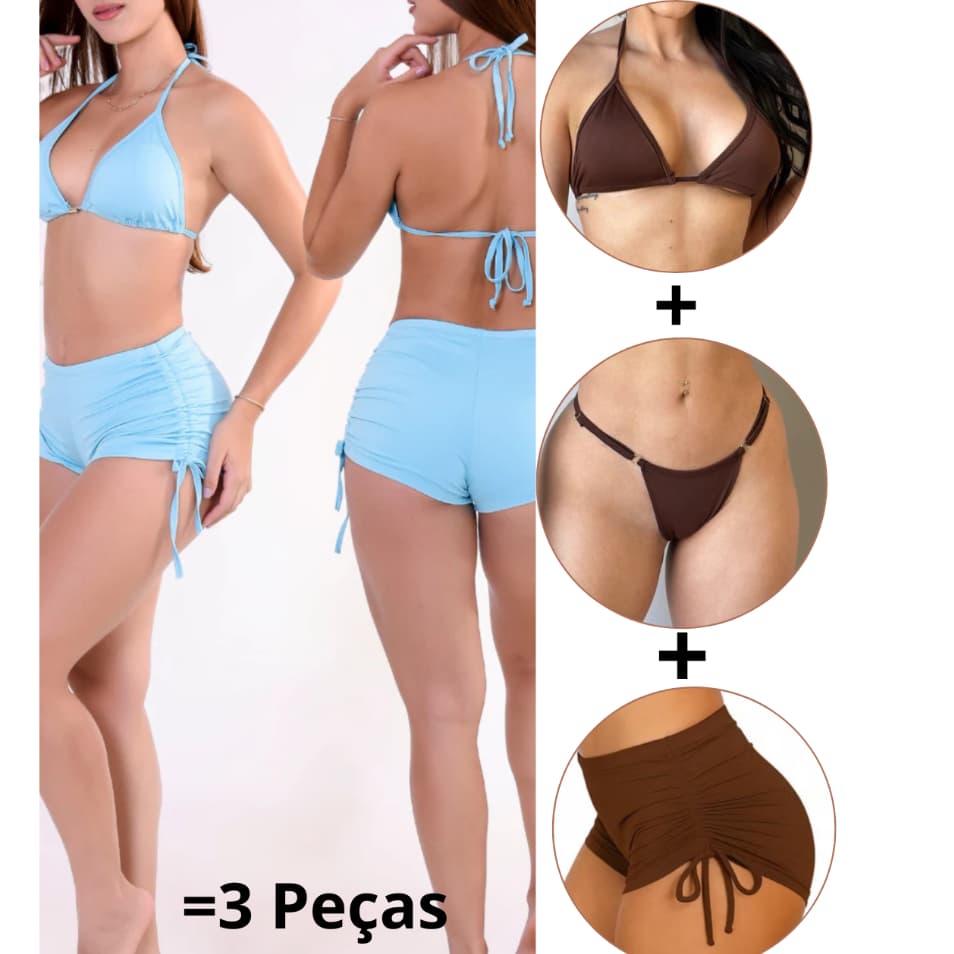 Biquíni Feminino Conjunto 3 Peças Top Cortininha + Calcinha + Short Ajustável Moda Praia Verão