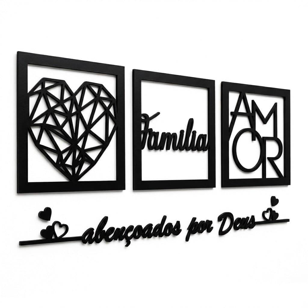 Quadros Decorativos Mdf Preto Família Minimalista Parede Geométrico