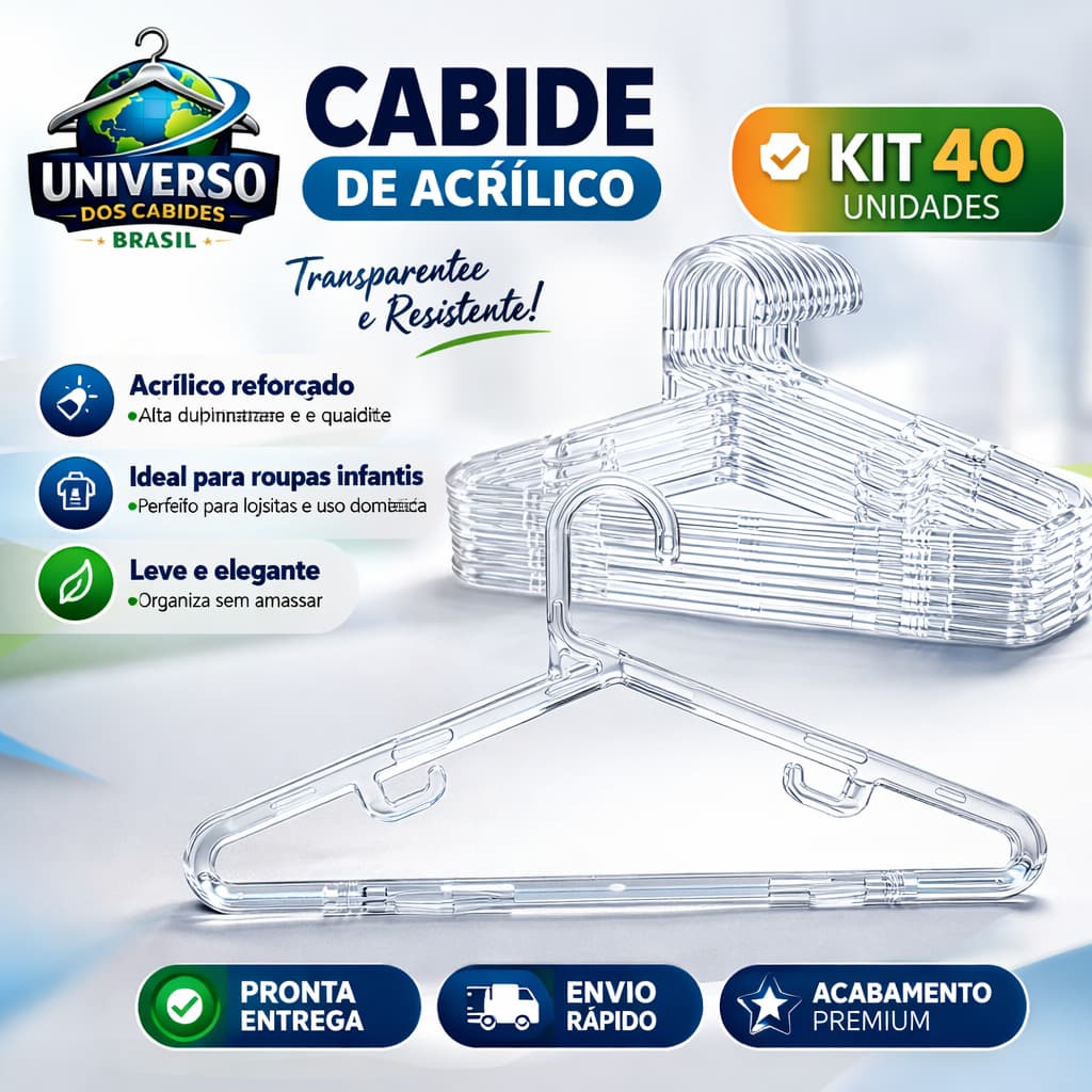 Cabide Infantil de Plástico 28 cm Resistente Transparente com Ganchos Kit com 40 unidades