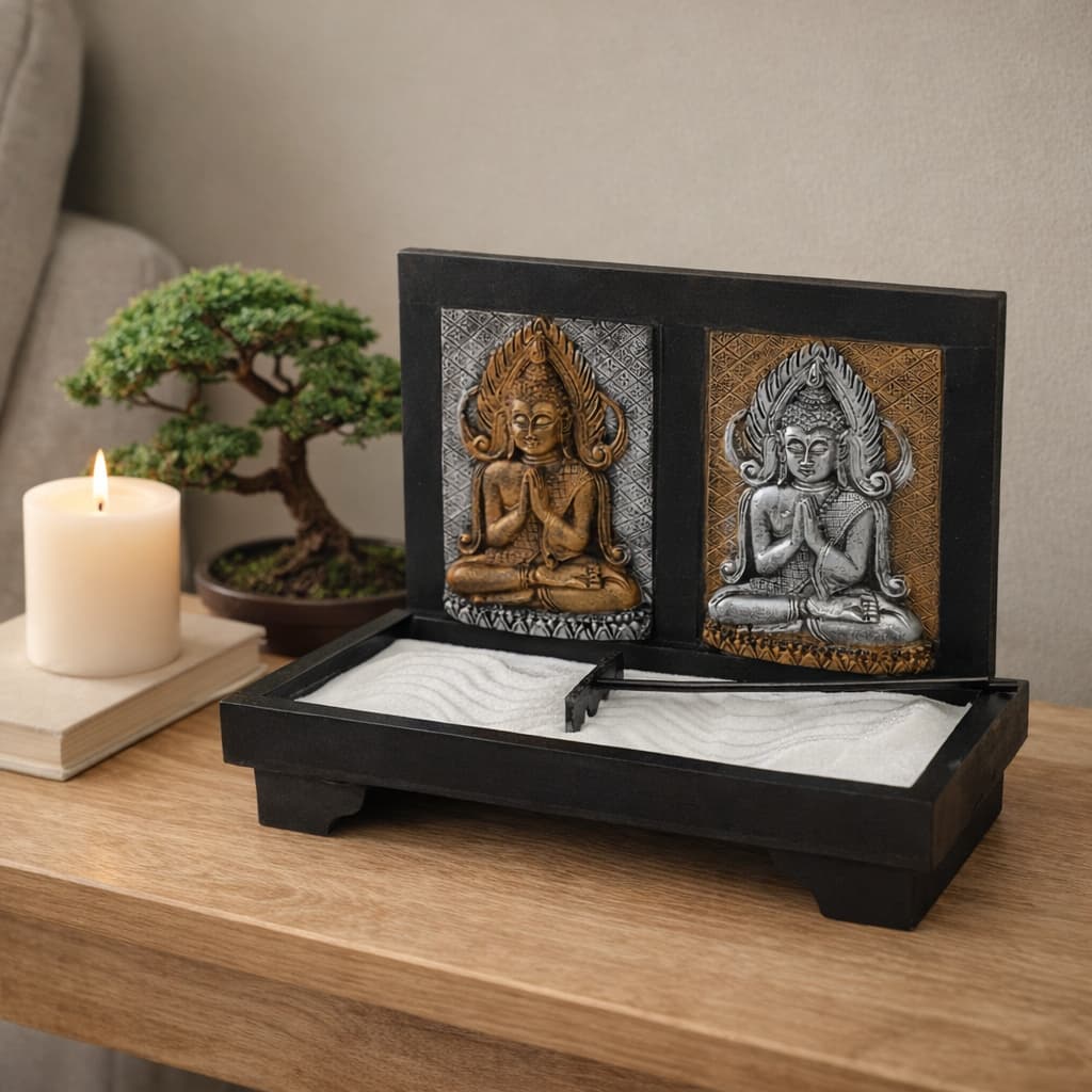 Jardim Zen Decorativo Buda Duplo com Areia Rastelo Feng Shui Meditação Relaxamento Decoração Zen