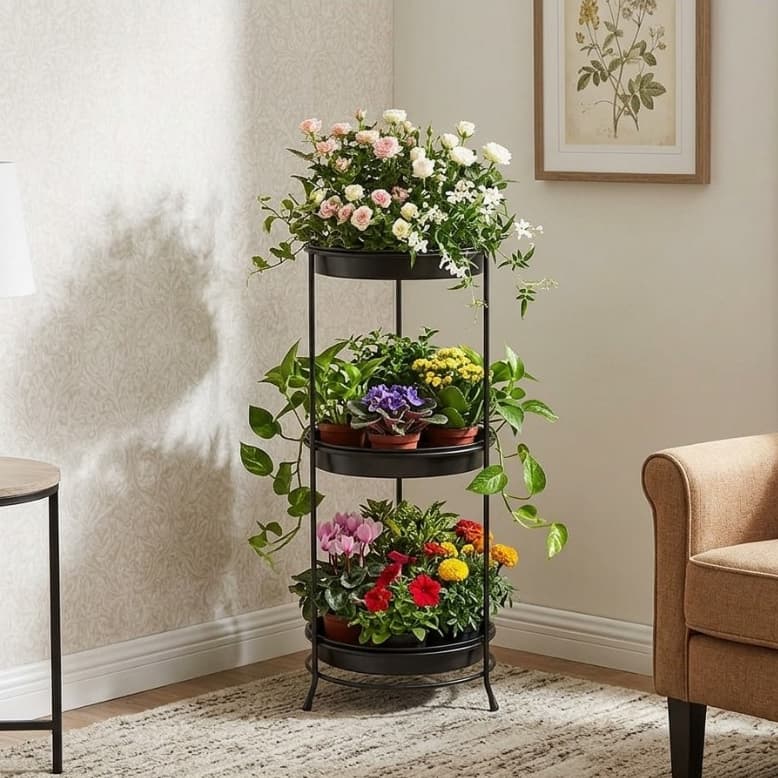Suporte Para 3 Vasos De Flores De Chão Em Aramado Jardim Preto