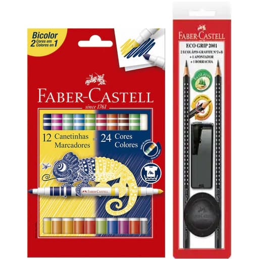 Kit Caneta Bicolor 24 Cores + Kit 2 Lápis Grafite + Borracha + Ap. Dep. Faber-Castell