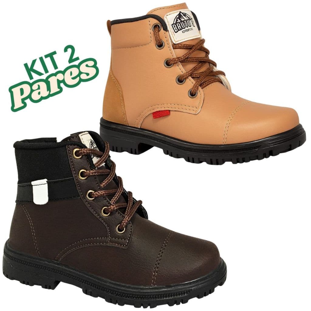 Kit 2 Pares Bota Infantil Menino Coturno Casual Country Confortável Caramelo Café