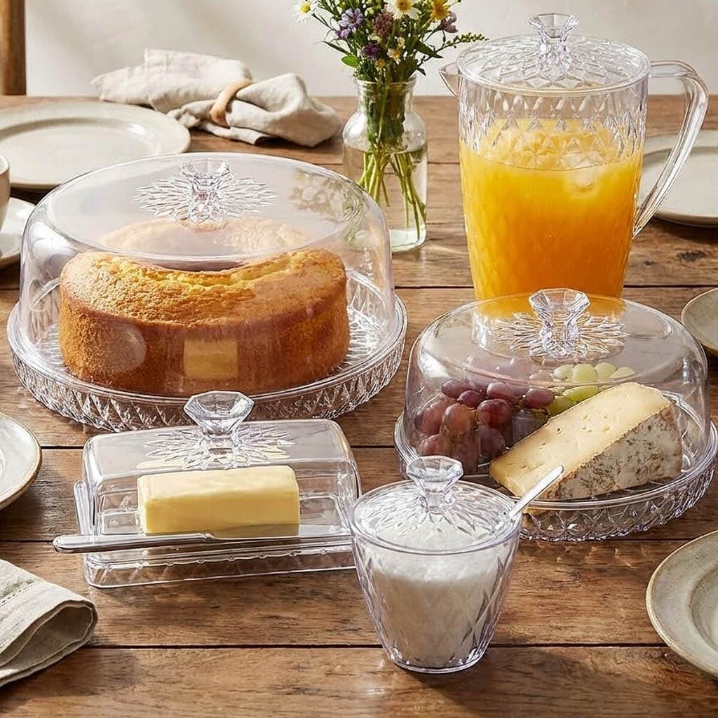 Kit Mesa Posta com 5 Itens Glamour Café da Manhã Jarra Queijeira Manteigueira Açucareiro Boleira