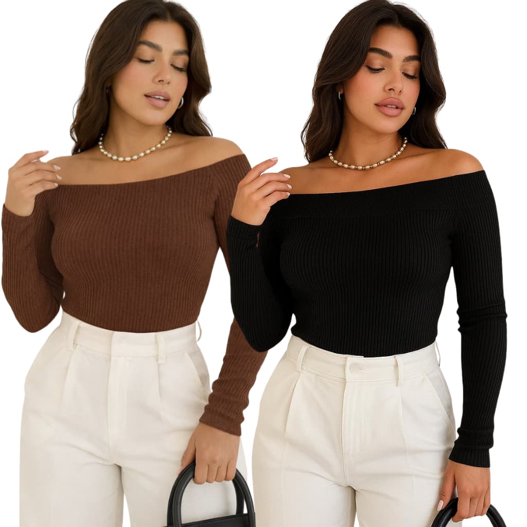 Kit 2 Blusa de Frio Ombro A Ombro Feminina Modelo CANELADO Outono Inverno