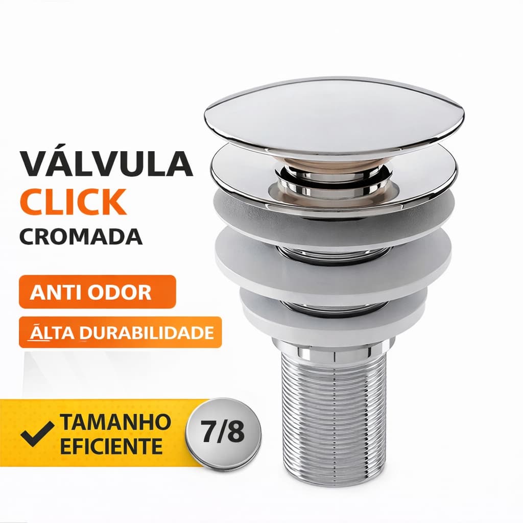 Válvula Click Cromada Cuba Banheiro Lavatório Lavabo 7/8 Anti Odor Sistema Click ABS