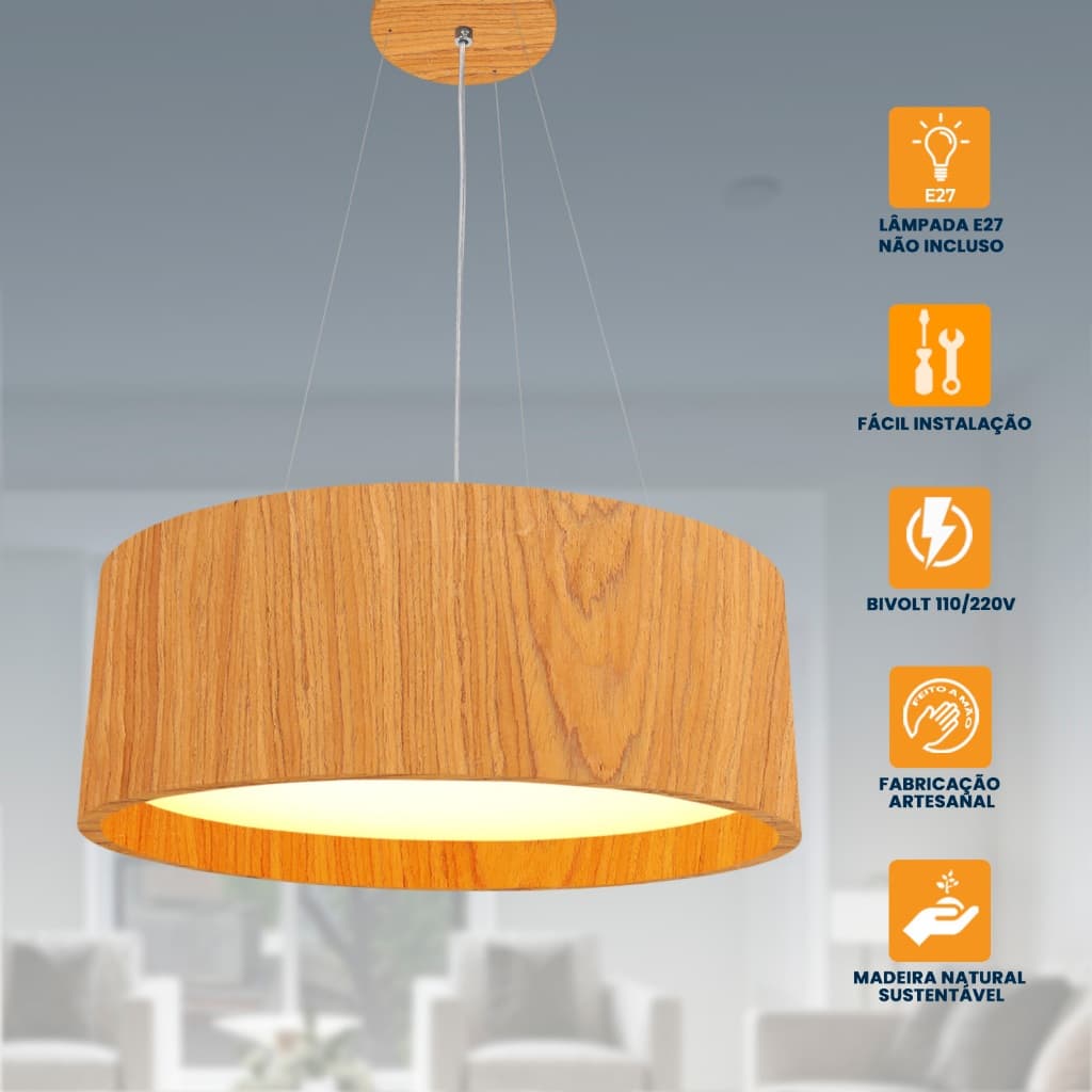 Pendente Wood Redondo 35cm - 3 luzes E27 Luminária Lustre Decoração Moderna Sala Jantar