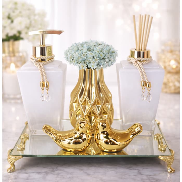Kit Lavabo Banheiro Luxo 6 Peças Difusor Sabonete Bandeja