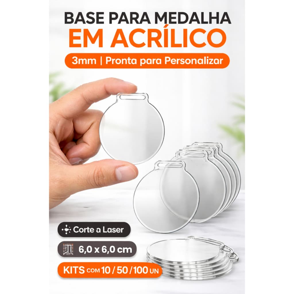 Base Medalha 6x6 cm em Acrílico Transparente para Personalização | Kit 10, 25, 50 |  Corte Laser