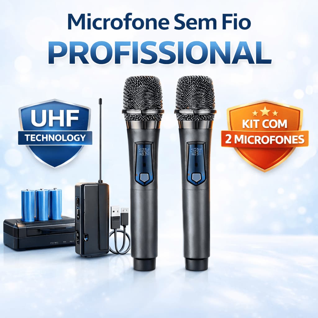 Kit 2 Microfones Dinâmico Sem Fio Profissional Recarregável Uhf para Karaokê