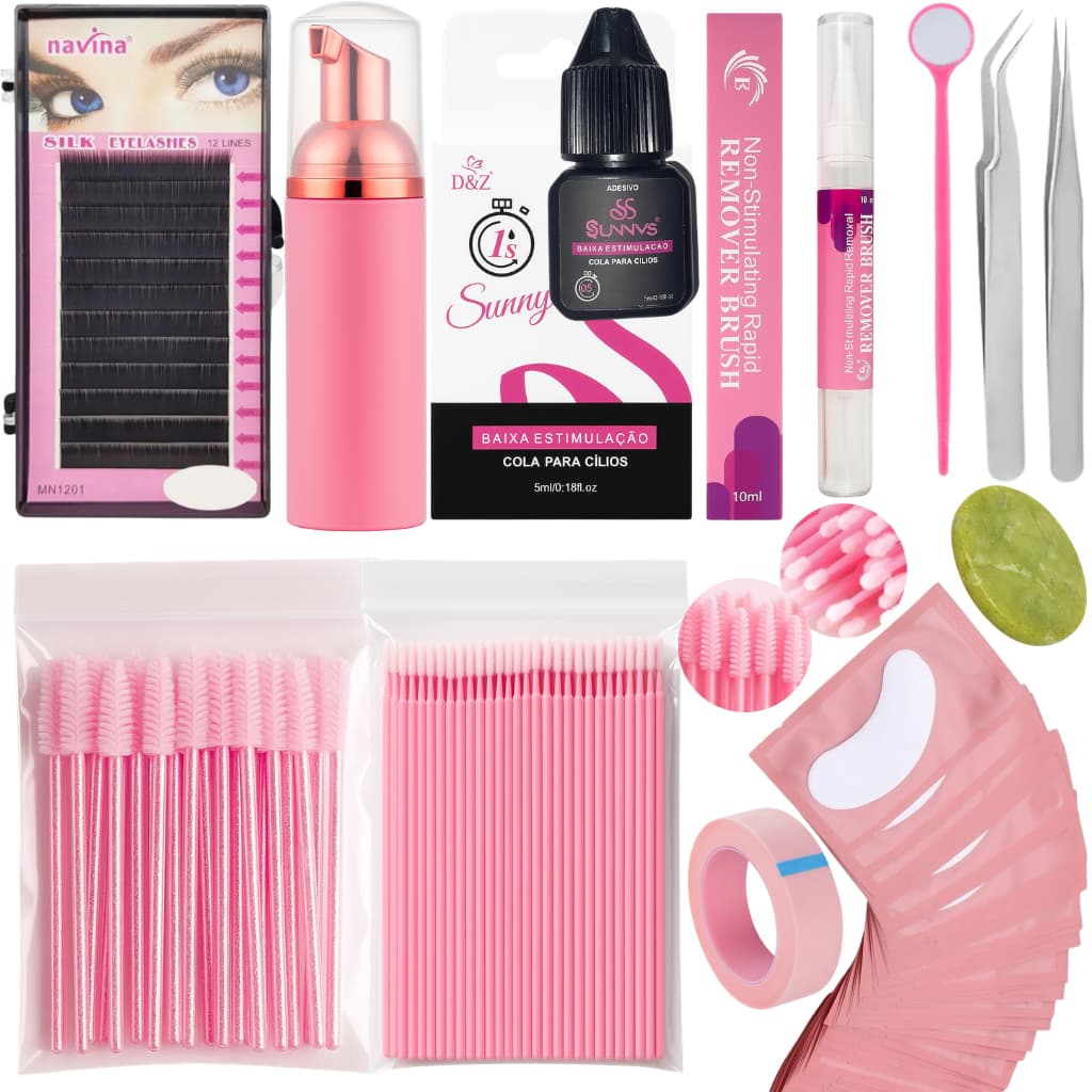 Kit Extensão Alongamento de Cílios Cola Caneta Removedora Pump Pads Microbrush Escovinha Micropore