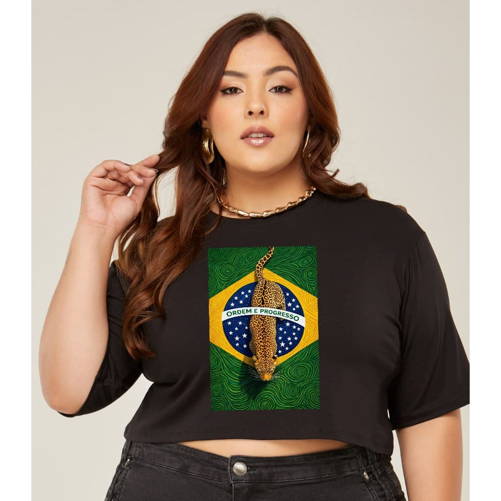 Cropped Oversize Brasil Copa Onça Estilizada – Viscolycra Premium Estampa Bandeira Feminino Tamanho Único