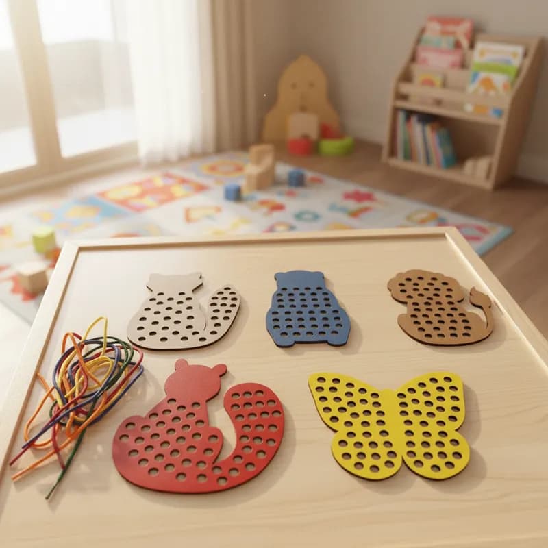 Kit 05 Peças Alinhavo Educativo Em MDF Brinquedo Pedagógico Coordenação Motora Infantil