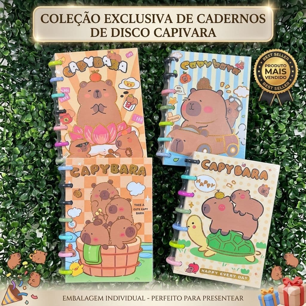 Caderno Inteligente com 7 Discos Estampas de Capivaras 76 Folhas - Papelaria Fofa