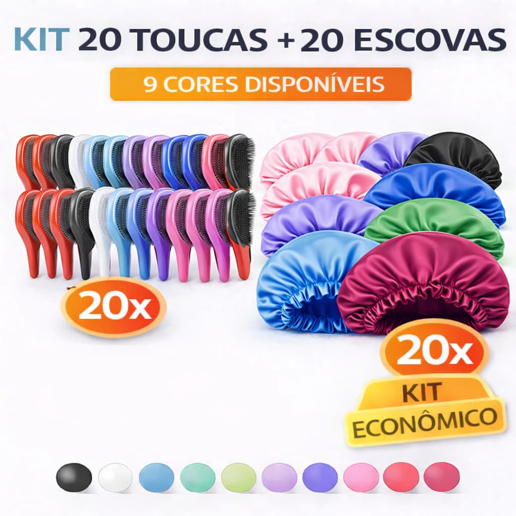 Kit Atacado 20 Toucas Cetim Anti Frizz + 20 Escovas Desembaraçantes Salão Revenda Lote 40 Peças