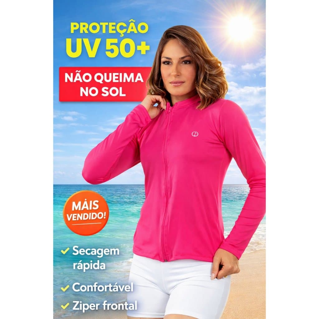 Camisa UV Feminina Proteção Solar 50+ Manga Longa com Zíper Academia Praia Secagem Rápida