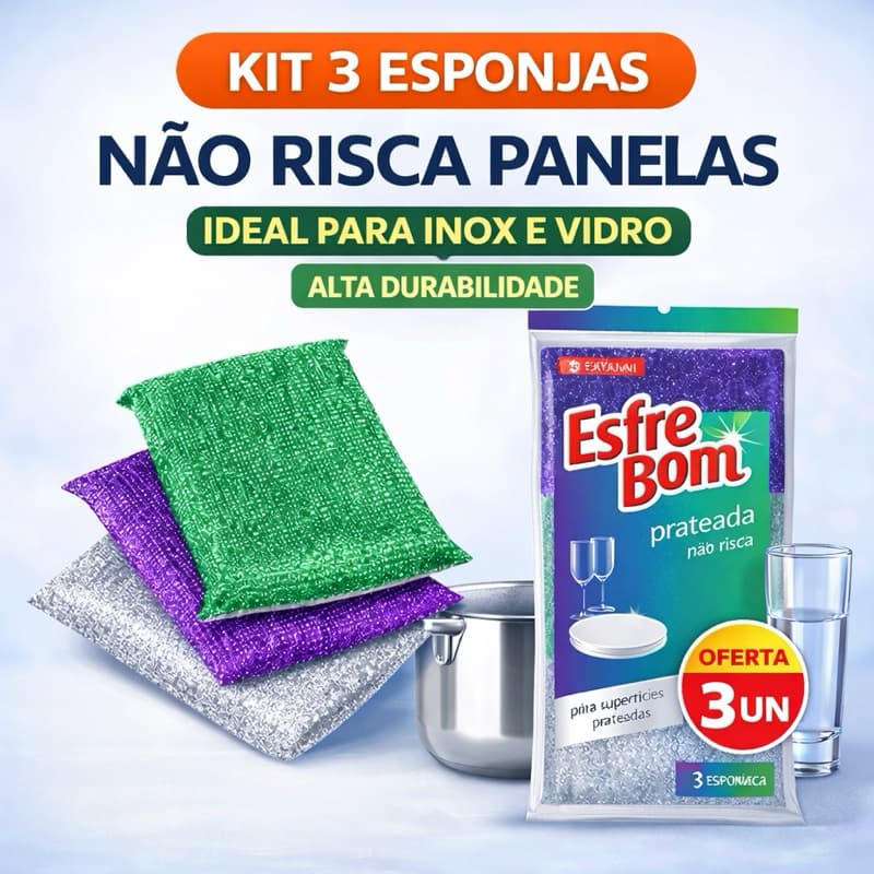 Esponja Prateada EsfreBom 3 Unidades Não Risca Panelas Louças Inox Vidro Multiuso