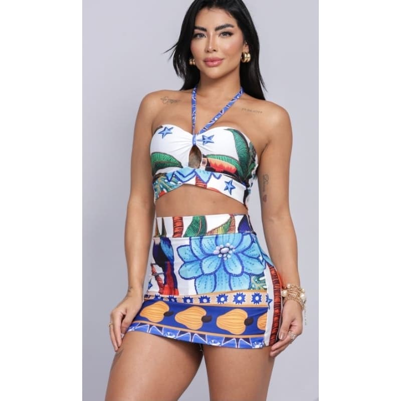 Conjunto Feminino Paradise Short Saia e Cropped Com Estampas Tropicais do Verão