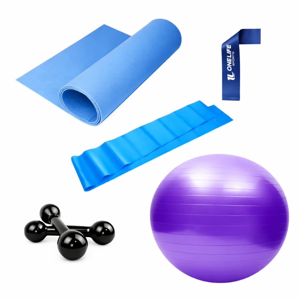 Kit Bola 65cm + Faixa Elástica 1m + Tapete EVA 1,20m + Mini Band + Par Halter 1kg One Life Sports®