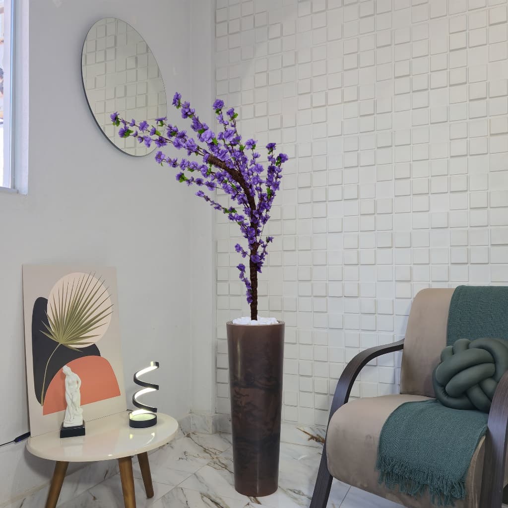Flor Artificial  Cerejeira Roxa Galho Curvo Vaso Para Planta Pedra Decoração