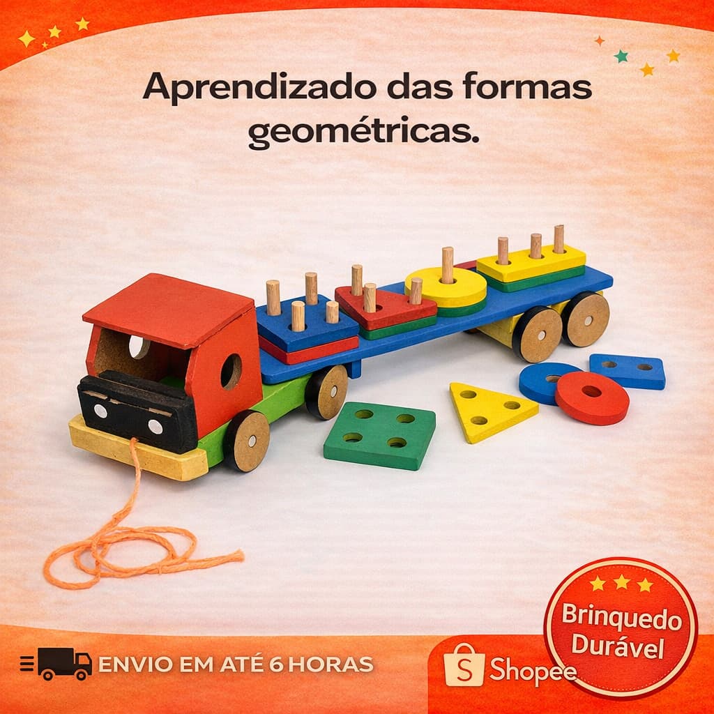 Carreta Seleção Formas Geométricas Brinquedo Educativo MDF Encaixe Cores e Formas Coordenação Motora