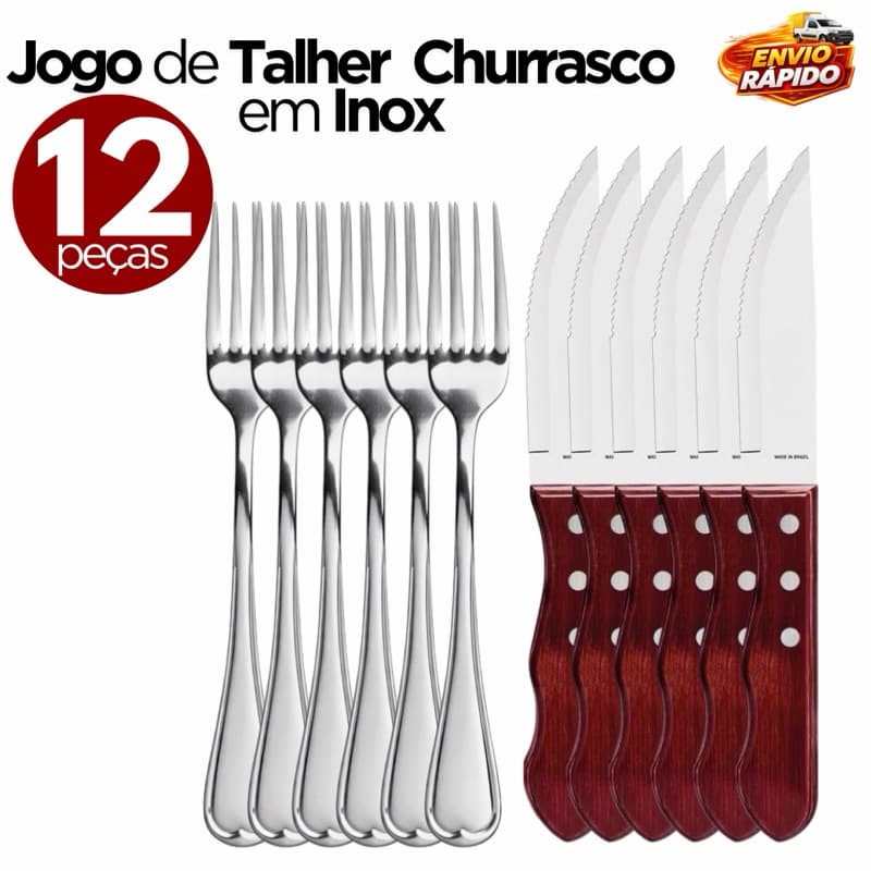 Jogo de Talheres Churrasco 12 Peças em Inox Estilo Outback Facas e Garfos Premium