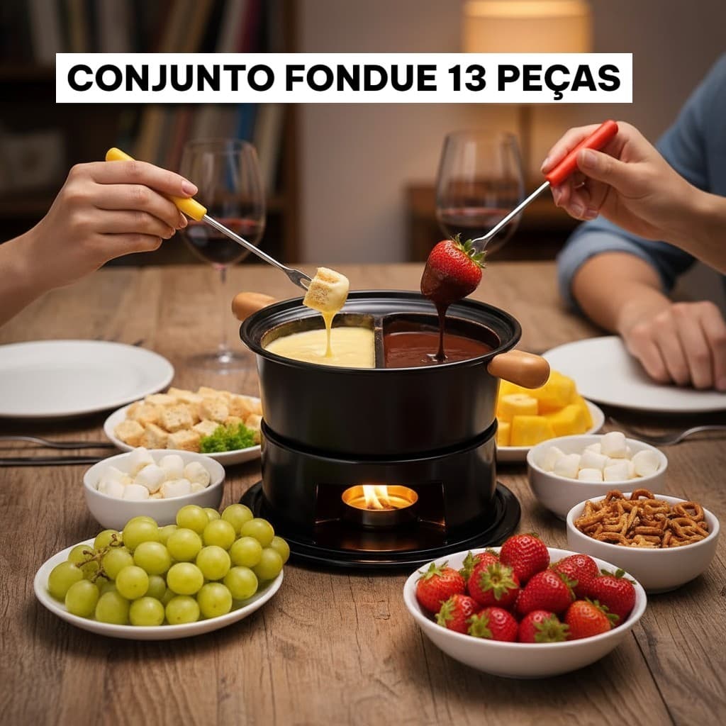 Aparelho Fondue Inox 13 Peças Fratelli Conjunto Completo Garfos Suporte Panela Chocolate Queijo