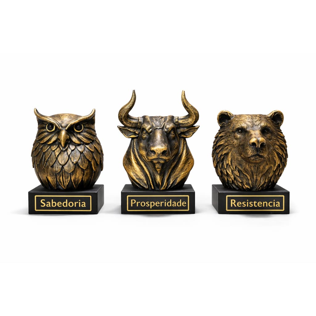 Kit Esculturas Decorativas Coruja Touro Urso Escritório Home Office 10cm