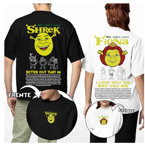 Kit Camiseta Casal Personalizada Shrek e Fiona Conjunto Algodão 30.1 Premium