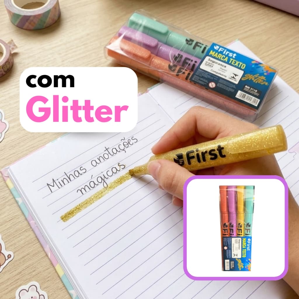 Kit Marcador de Texto Marca Texto com Glitter Estojo 4 Cores da First Caneta Escolar