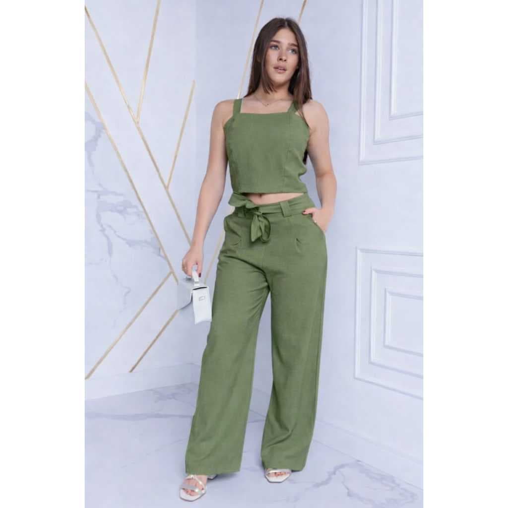 Conjunto Infanto Juvenil Feminino Verde – Cropped + Calça Pantalona ✨