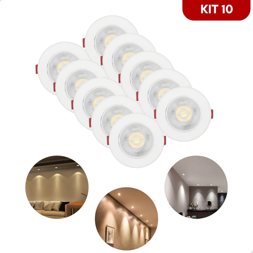 Kit 10 Spot Led Teto Embutir 9cm SMD 7w Dicroica Direcionável Redondo Estrutura Branco (Recorte 7cm)