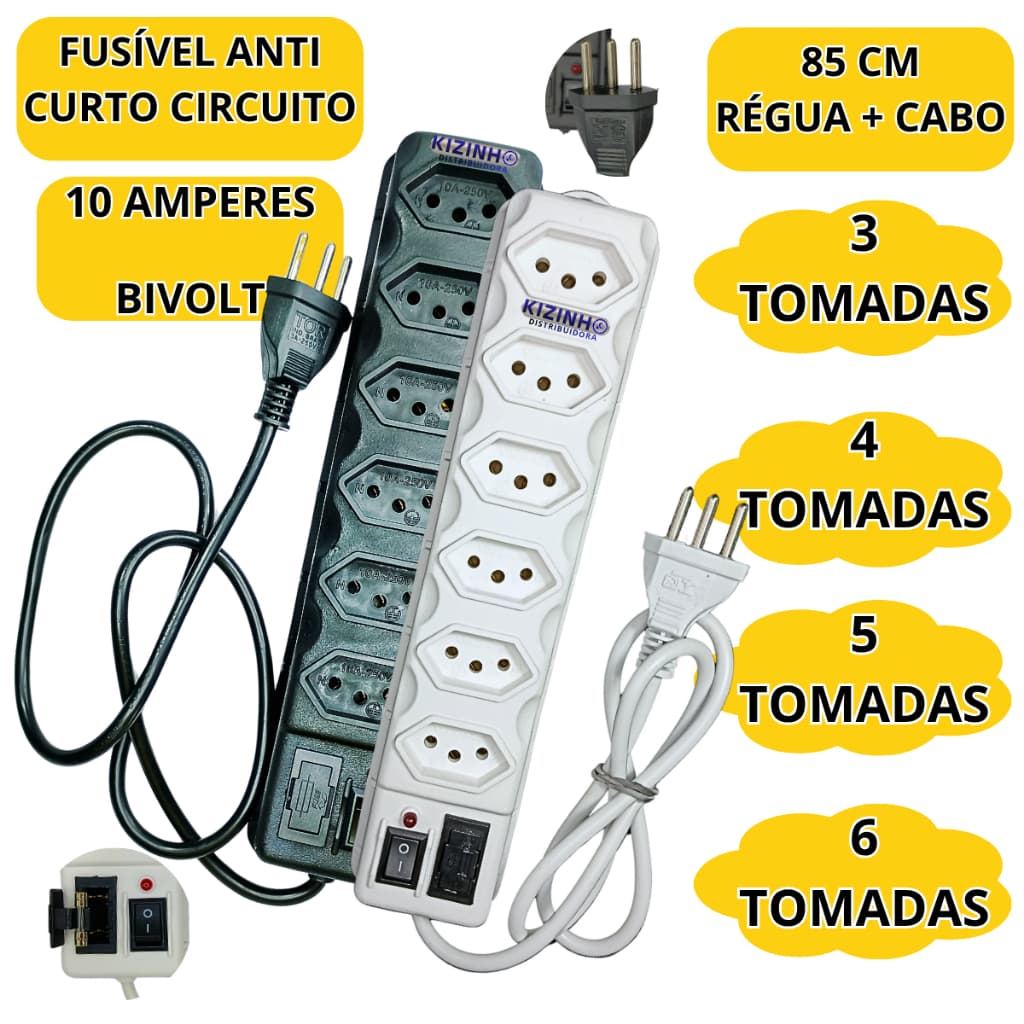 Filtro de Linha Branca/Preta 3, 4, 5 e 6 Tomadas Tripolar Bivolt 10A Fusível de Proteção