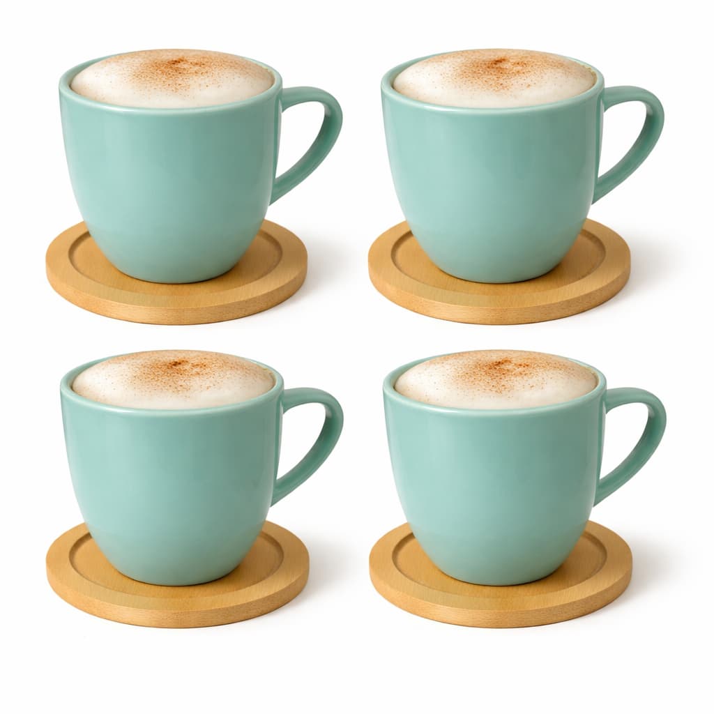 Jogo 4 Xícaras Chá 170ml Cerâmica com pires Suporte Bambu Mesa Posta Kit Elegante Café