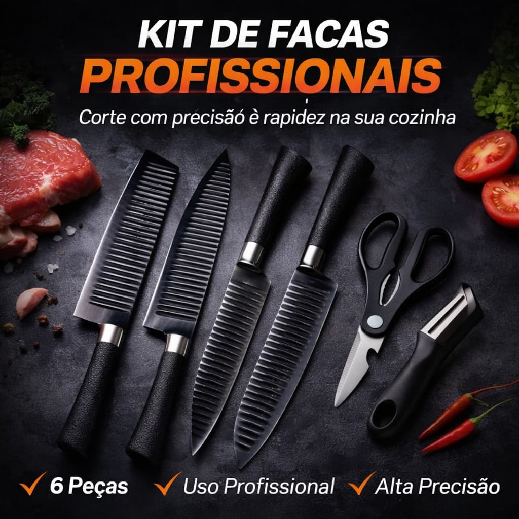 Jogo de Facas Profissional 6 Peças Aço Inox Preto Kit Cozinha Chef + Tesoura e Descascador