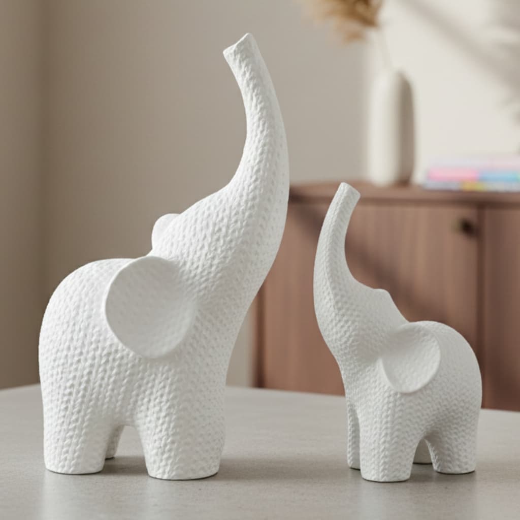 Kit 2 Escultura Elefante Efeito Crochê Texturizado Decoração Moderna Casa Escritório Presente Sorte