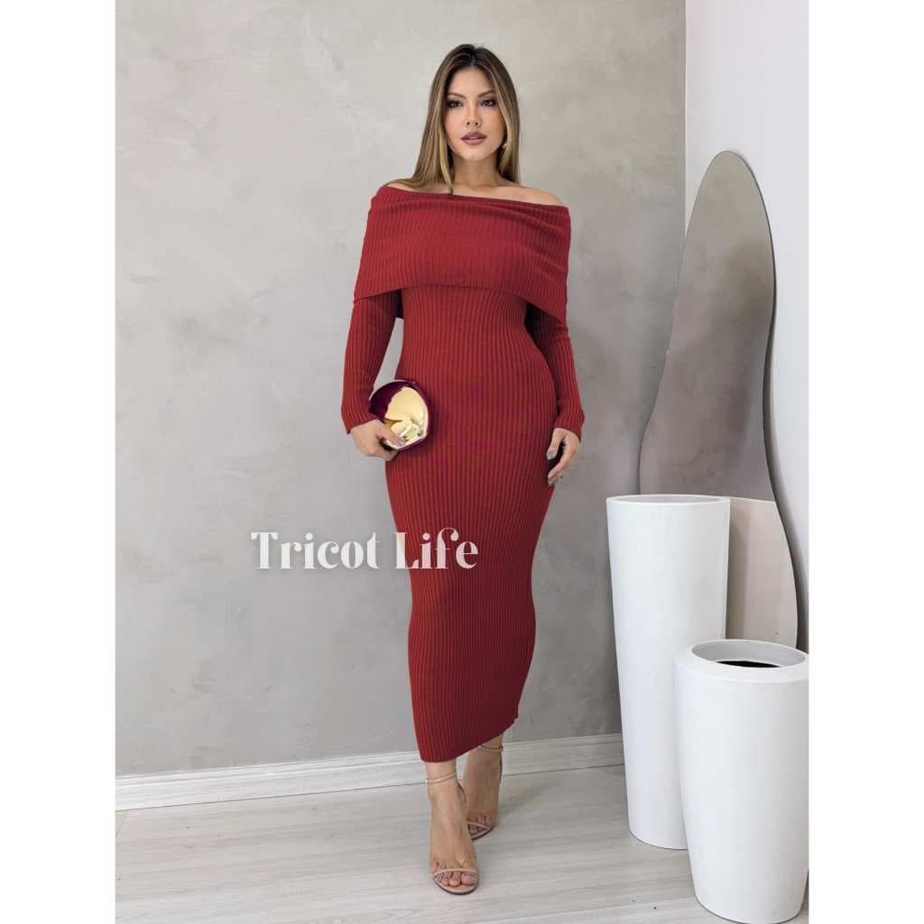 Vestido Midi Trico Modal Ombro A Ombro Inverno Feminino Frio