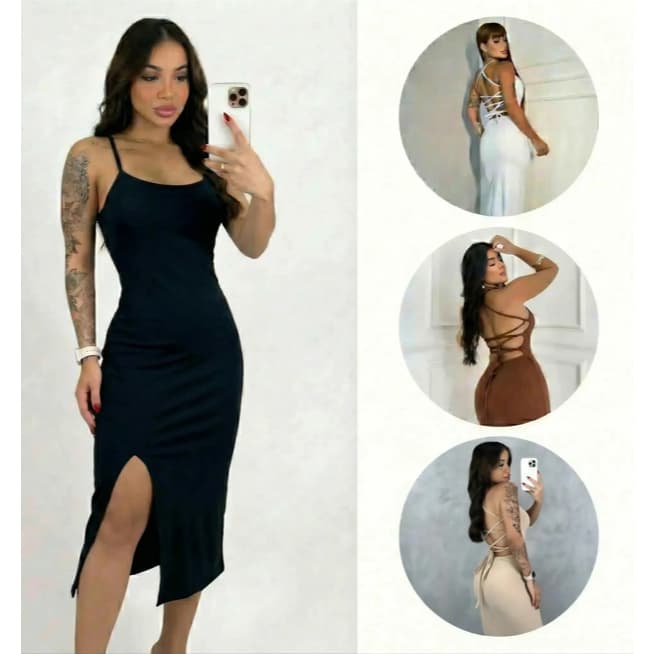 Vestido Longo Feminino Elegante Costas nua Trançada Fenda Lateral Empina Bumbum Colado Amarração