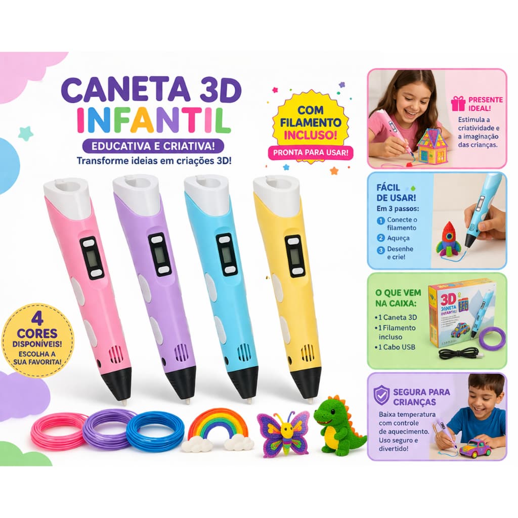 Caneta 3D Infantil Educativa Com Filamento LCD Brinquedo Criativo Presente