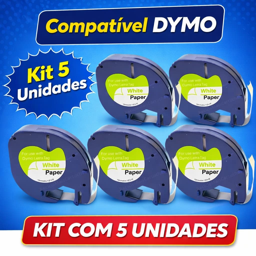 Kit 5 Fitas Rotulador Compatível Dymo Letratag D91200 91200 12mm Branca - Masterprint