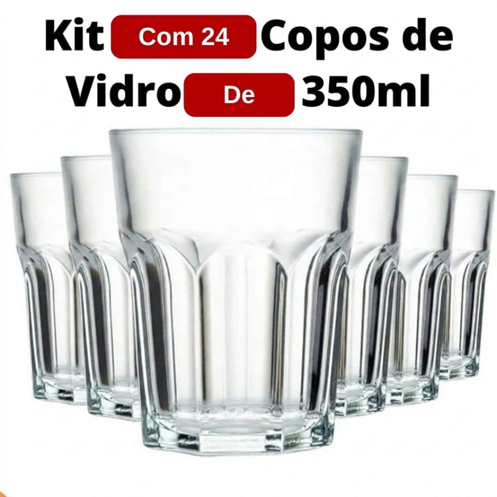 Kit 24 Copos de Vidro 350ml Multiuso Transparente Resistente - Ideal para Sucos, Água e Refrigerante