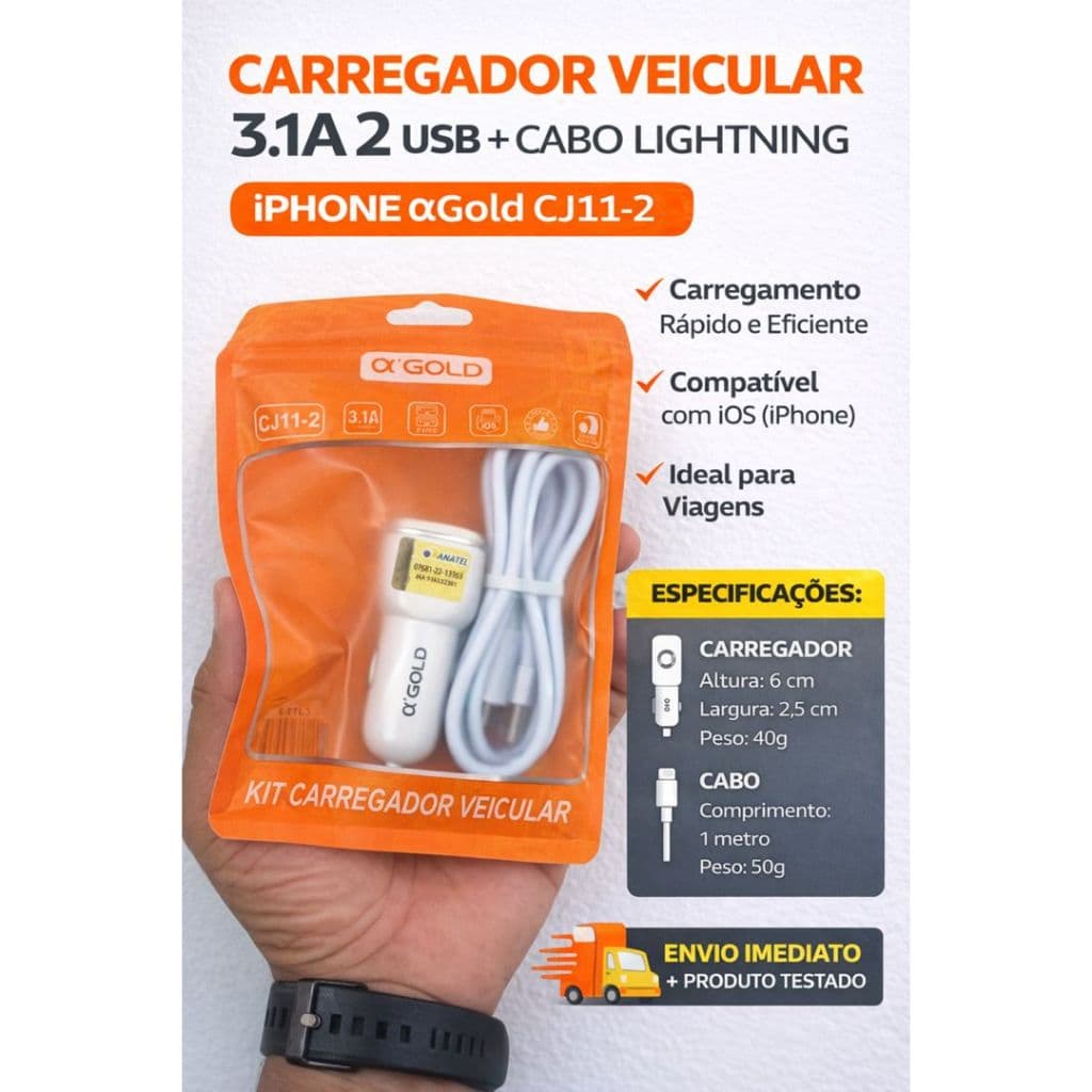 Carregador Veicular 3.1A 2 USB + Cabo Lightning iPhone αGold CJ11-2 | Carregamento Rápido Carro
