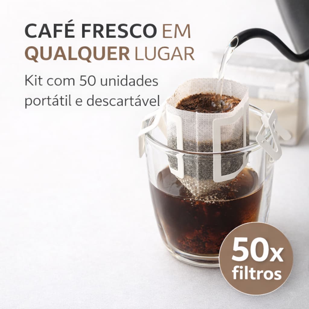 Kit Filtro Café Individual 50 Unidades Com Suporte Para Copo Portátil Prático Higiênico Sem Cafeteira Econômico