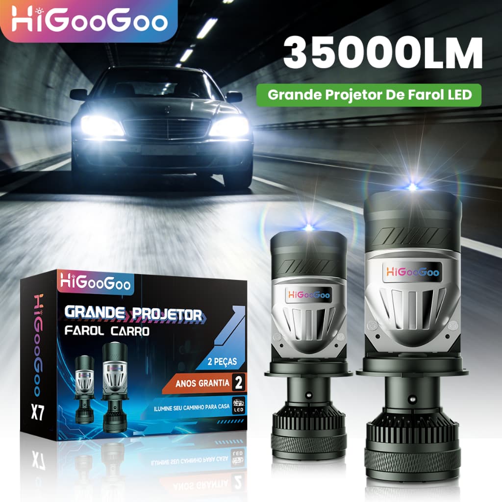HiGooGoo Lâmpada LED X7 H4 H7 180W 35000LM 6500K para Farol de Carro Projetor Luz Branca