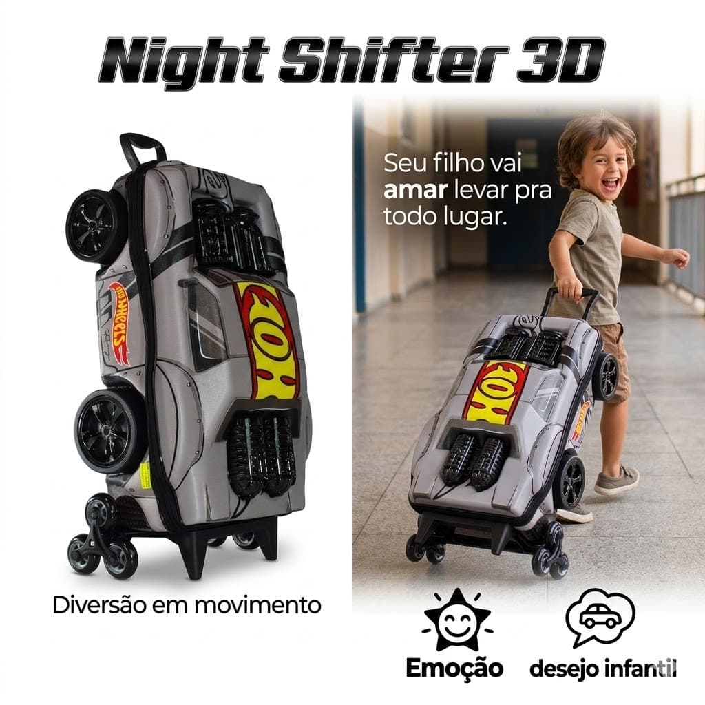 Mala Infantil Night Shifter™ 3D Rodinhas Bagagem Escolar Resistente Fácil Transporte
