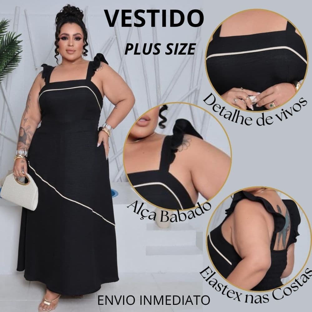 Vestido Longo Plus Size com Alças Babado e Detalhe – Elegante e Confortável, Moda Festa