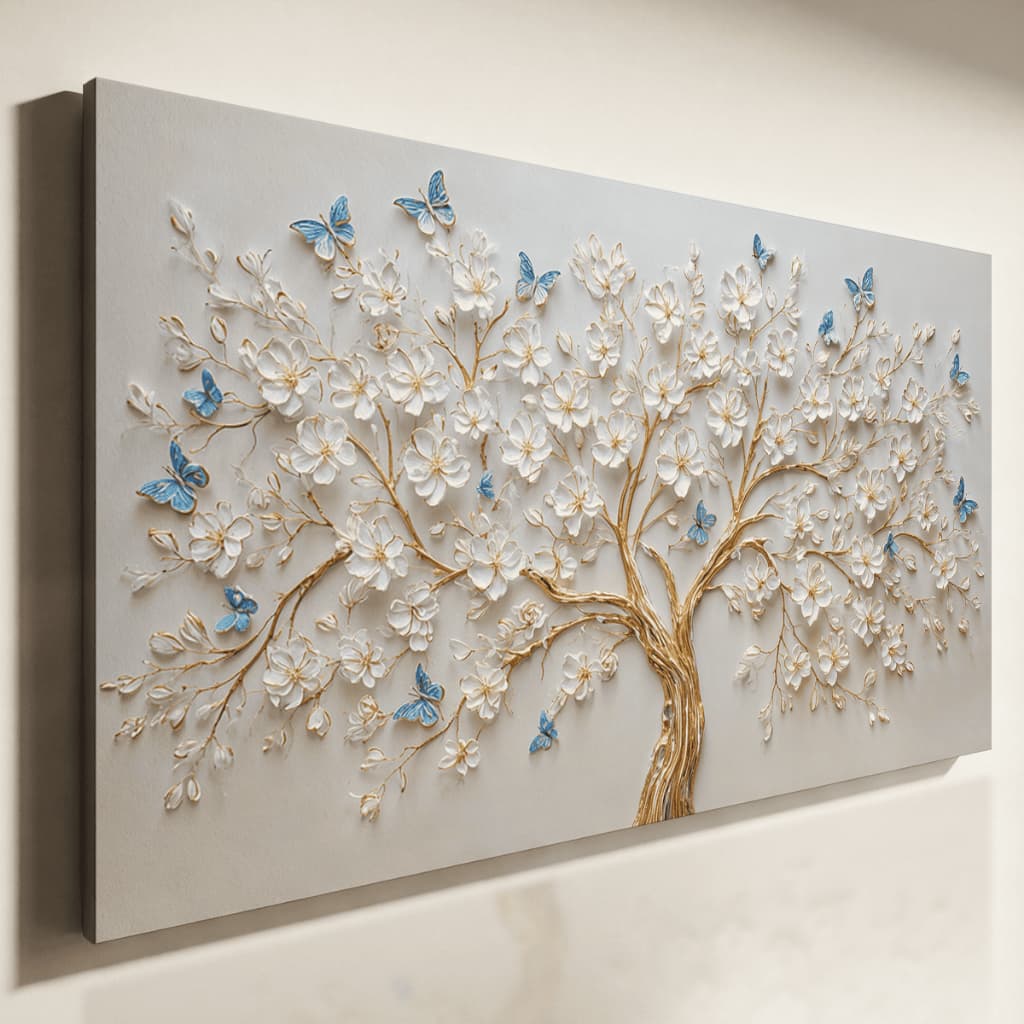 Quadro Decorativo Árvore Floral Branca Com Borboletas Azuis Arte 3D Luxo Elegante Sala