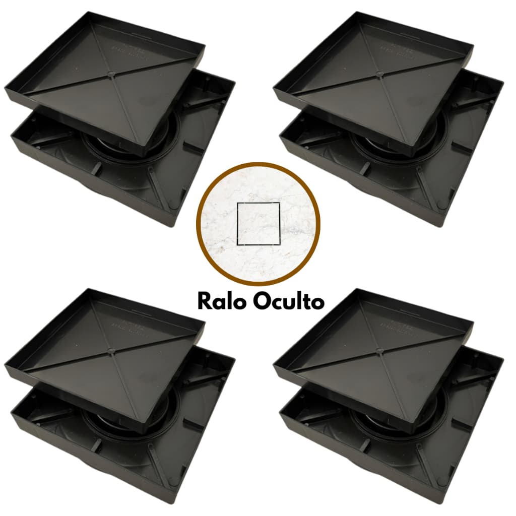 Kit 4 Ralo Oculto Quadrado Anti Odor e Anti Inseto 15x15 Abs Moderno Preto Invisível
