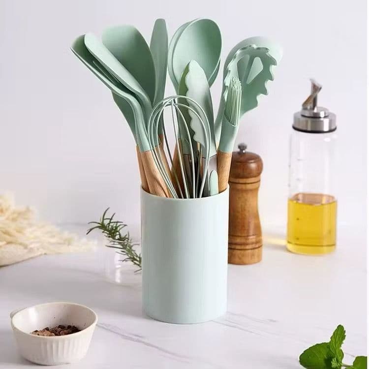 Kit  De Cozinha Em Silicone e Cabo De Madeira-  12 utensílios - Talher