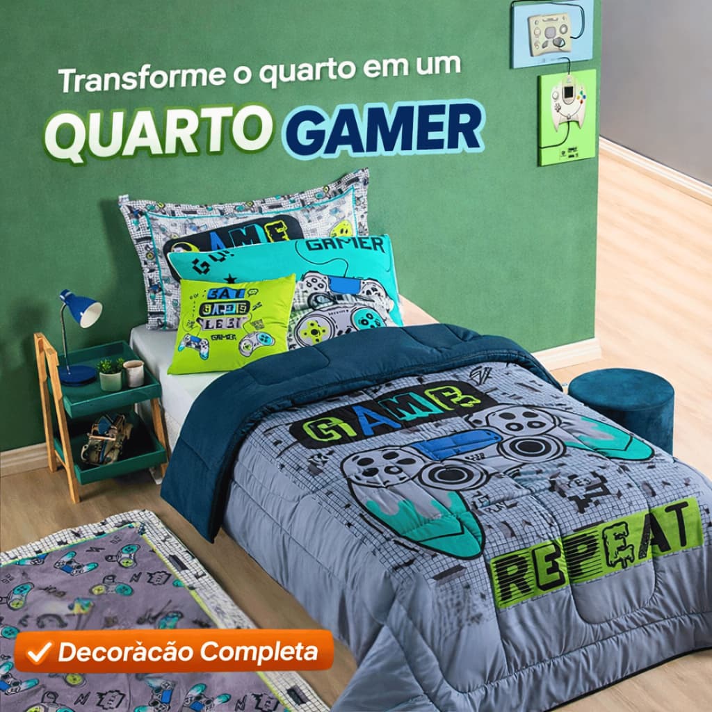 Kit Edredom Solteiro 5 Peças Gamer Infantil 400 Fios Jogo de Cama Juvenil